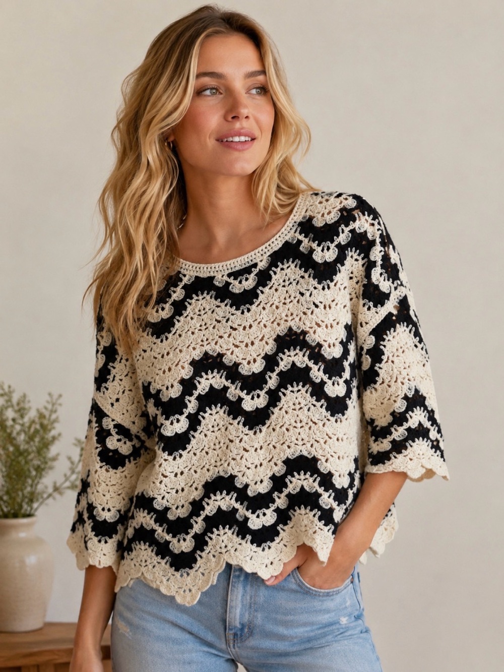 Rebellion NWT Black & Cream Crochet Wave Cropped Knit Sweater